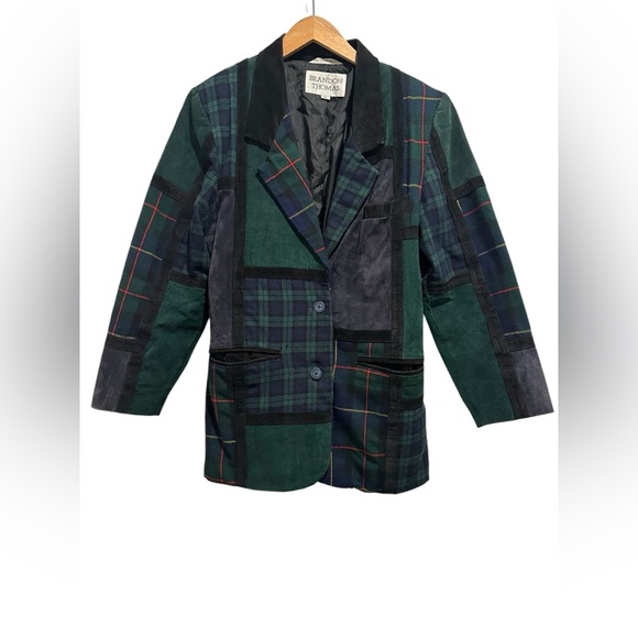 Brandon Thomas Plaid Suede Patchwork Blazer Jacket Green Vintage Womens Small - Picture 1 of 9